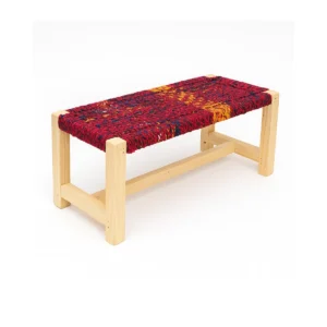 Upcycled textile bench woven with colorful textile waste ropes