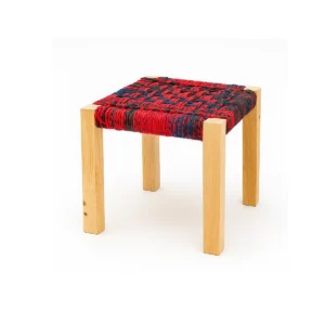 Upcycled textile bench woven with colorful textile waste ropes