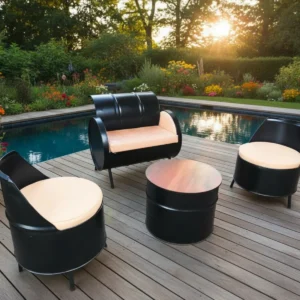 Upcycled oil barrel drum furniture in a garden