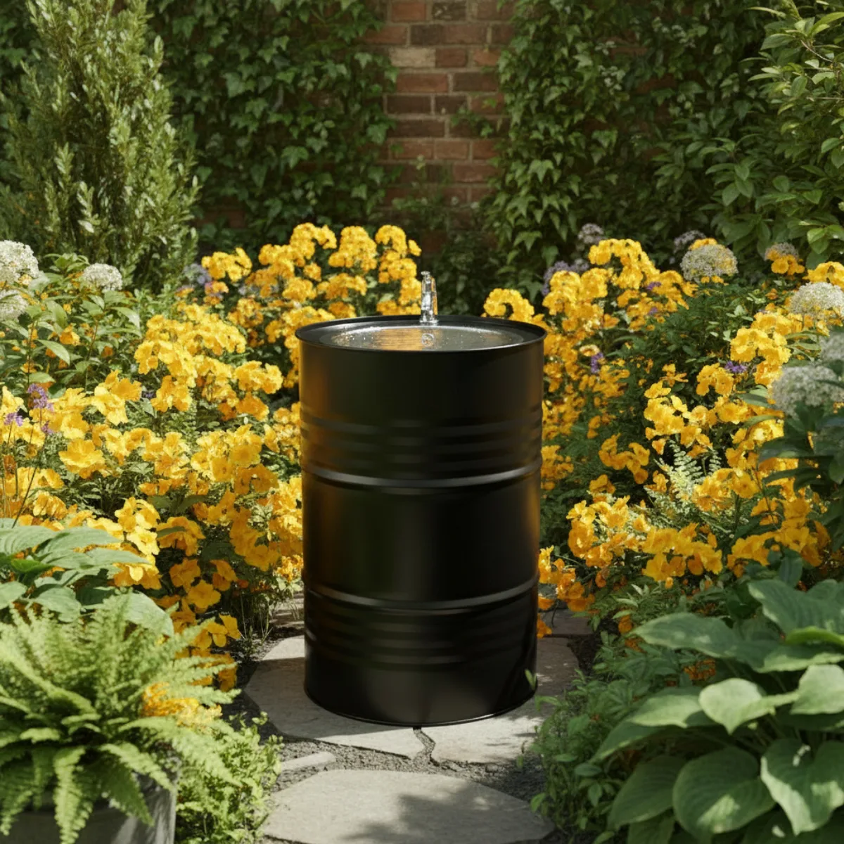 A upcycled oil barrel sink in a garden